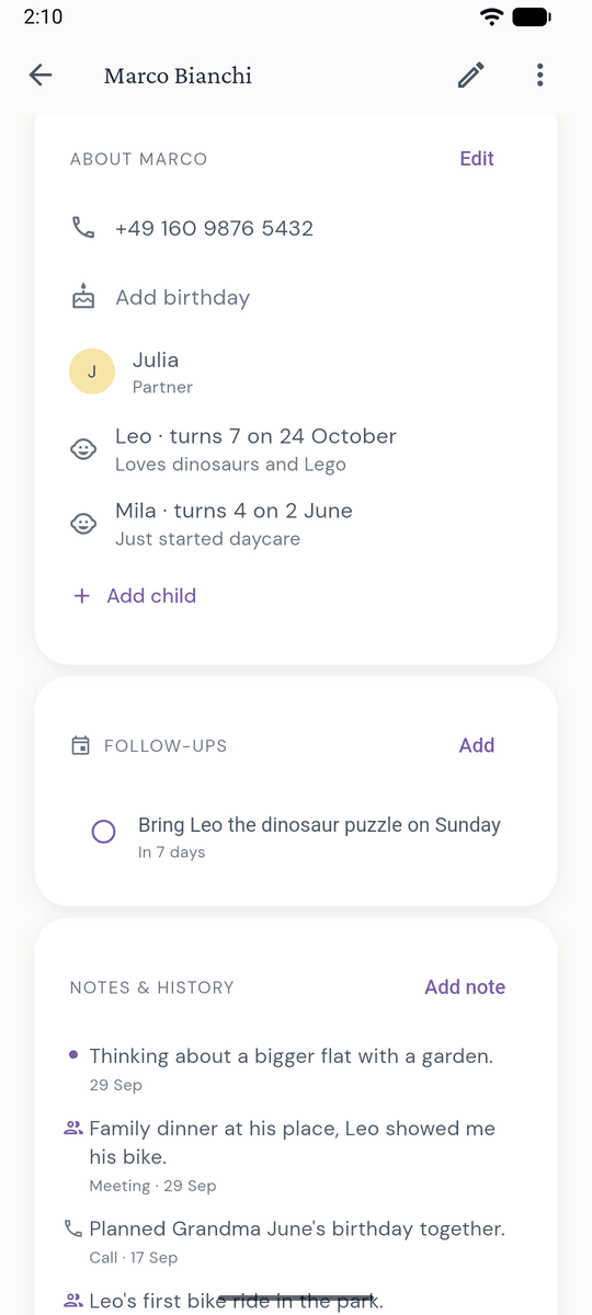 Contact profile in Ties with partner, children, follow-up and notes