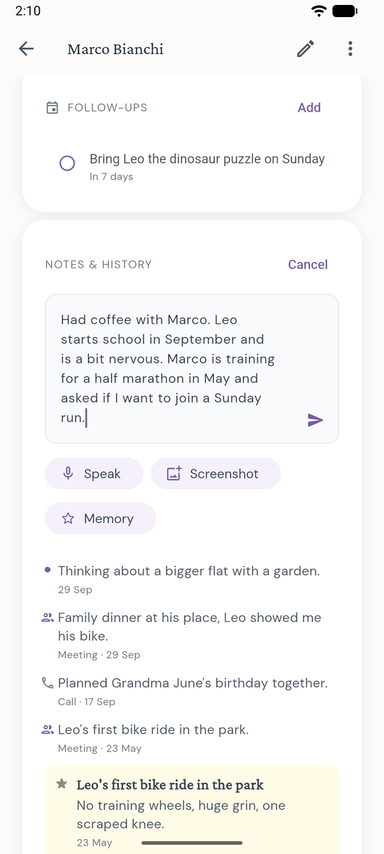 Note editor in Ties with speak, screenshot and memory options