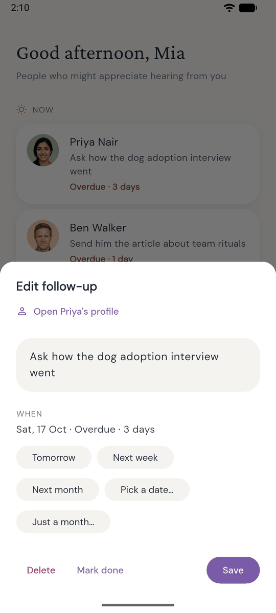 Follow-up sheet in Ties with snooze options and mark done